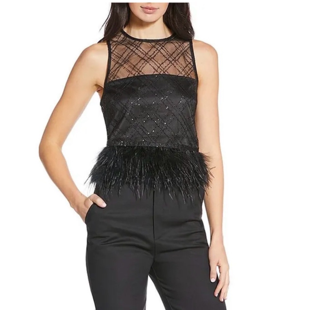 Lucy Paris Miley Woven Feather Trim Scoop Neck Sleeveless Blouse , Black, Size S